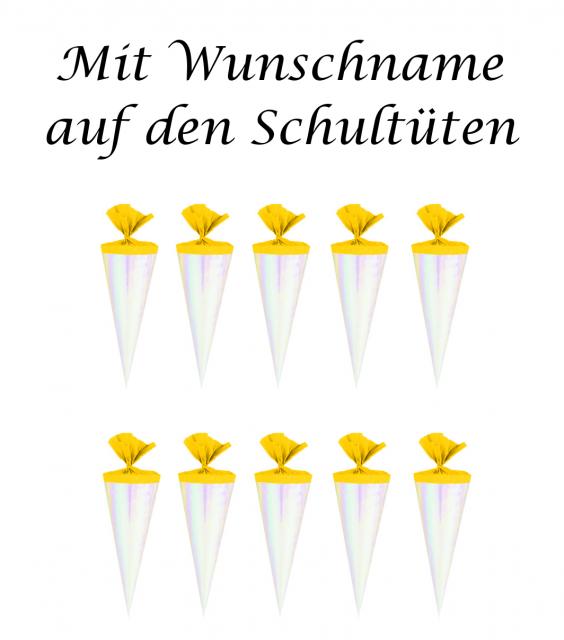 10 Deko Schultüten mit Gravur / Länge: 12cm / Farbe: rose' mit gelben Krepp