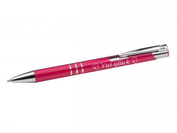 10 Kugelschreiber mit Gravur "Viel Glück" / aus Metall / Farbe: fuchsienrot