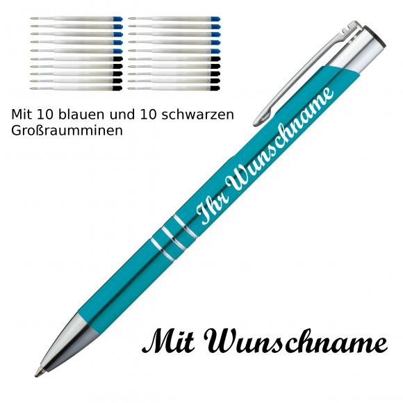 10 Kugelschreiber mit Namensgravur / je 10 schwarze + blaue Minen / türkis