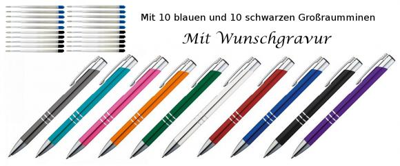 10 Metall Kugelschreiber mit Gravur / je 10 schwarze + blaue Minen / 10 Farben