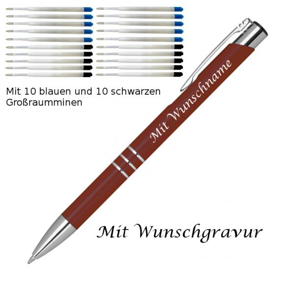 10 Metall Kugelschreiber mit Gravur / je 10 schwarze + blaue Minen / bordeaux