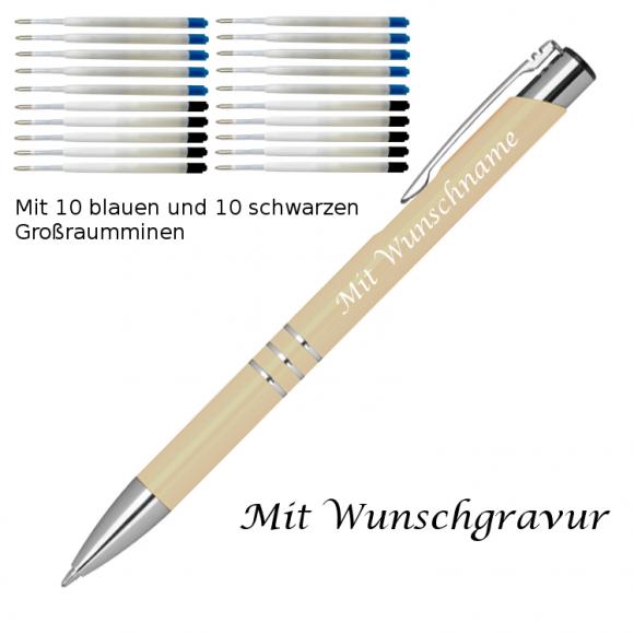 10 Metall Kugelschreiber mit Gravur / je 10 schwarze + blaue Minen / elfenbein