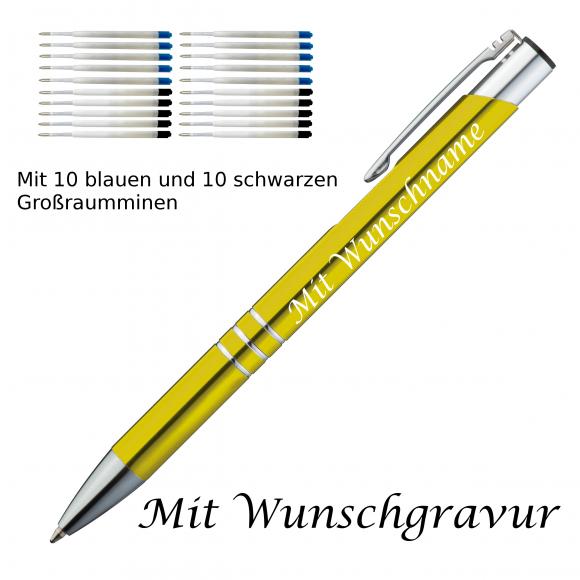 10 Metall Kugelschreiber mit Gravur / je 10 schwarze + blaue Minen / gelb