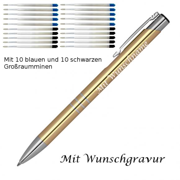 10 Metall Kugelschreiber mit Gravur / je 10 schwarze + blaue Minen / gold