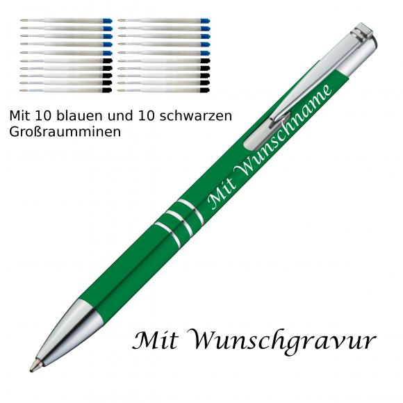 10 Metall Kugelschreiber mit Gravur / je 10 schwarze + blaue Minen / grün