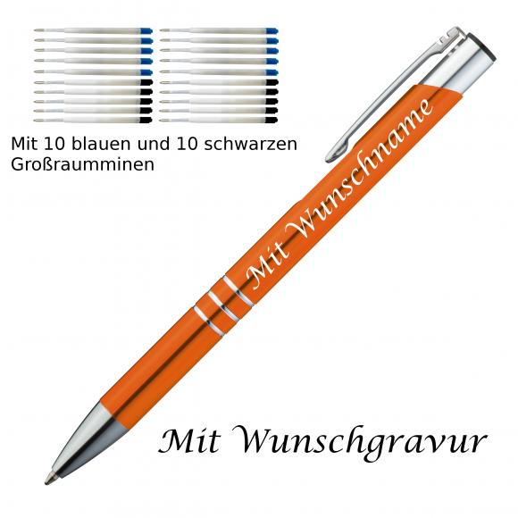 10 Metall Kugelschreiber mit Gravur / je 10 schwarze + blaue Minen / orange