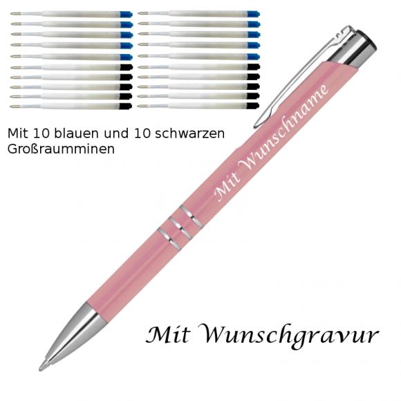 10 Metall Kugelschreiber mit Gravur / je 10 schwarze + blaue Minen / rosé