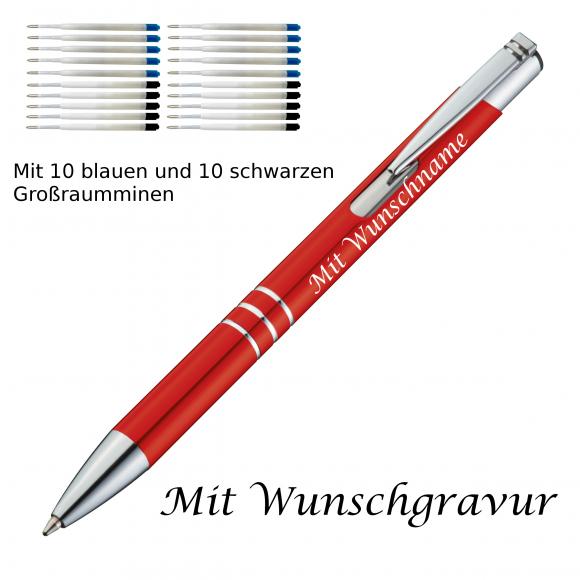 10 Metall Kugelschreiber mit Gravur / je 10 schwarze + blaue Minen / rot