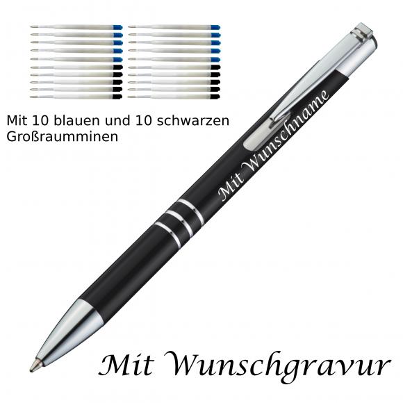 10 Metall Kugelschreiber mit Gravur / je 10 schwarze + blaue Minen / schwarz