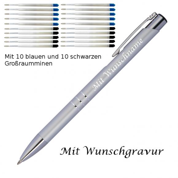 10 Metall Kugelschreiber mit Gravur / je 10 schwarze + blaue Minen / silber