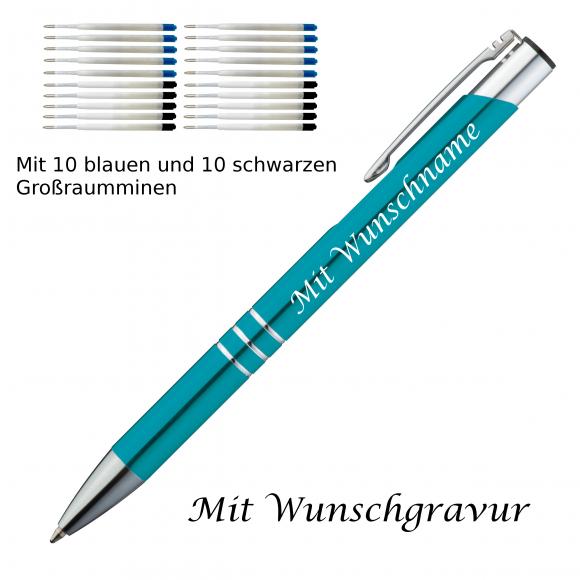 10 Metall Kugelschreiber mit Gravur / je 10 schwarze + blaue Minen / türkis