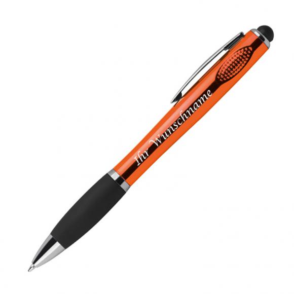 10 Touchpen Kugelschreiber mit Gravur mit weißem LED Licht / Farbe: orange