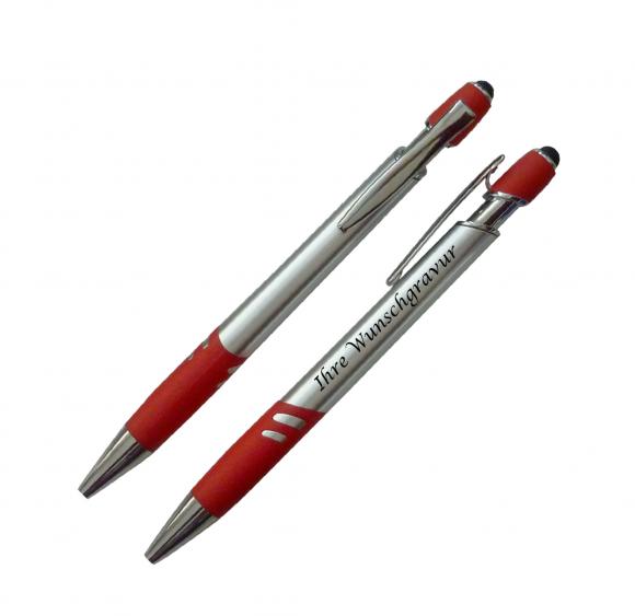 10x Touchpen Kugelschreiber mit Gravur / Farbe: silber-rot