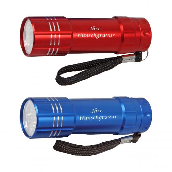 2x LED Taschenlampe mit Gravur / aus Metall / Farbe: je 1x rot und blau