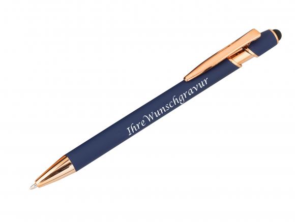 2x Touchpen-Kugelschreiber "Roségold" mit Namensgravur - je 1x blau + grau