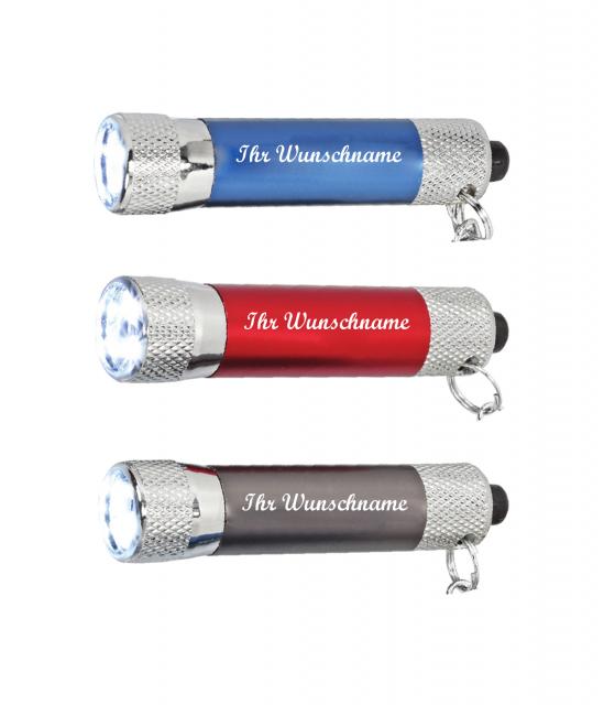 3x Metall-Schlüsselanhänger mit Namensgravur - mit Taschenlampe - 3 Farben