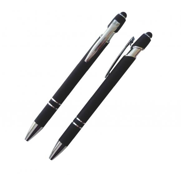 3x Touchpen-Kugelschreiber aus Metall / gummiert / je 1x schwarz, rot, blau