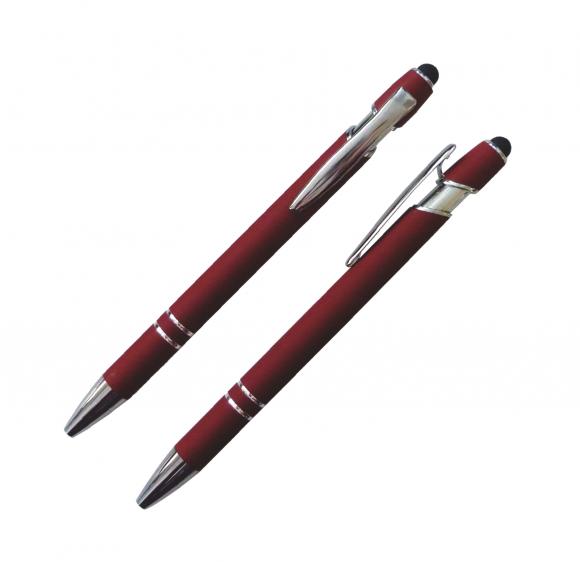 3x Touchpen-Kugelschreiber aus Metall / gummiert / je 1x schwarz, rot, blau