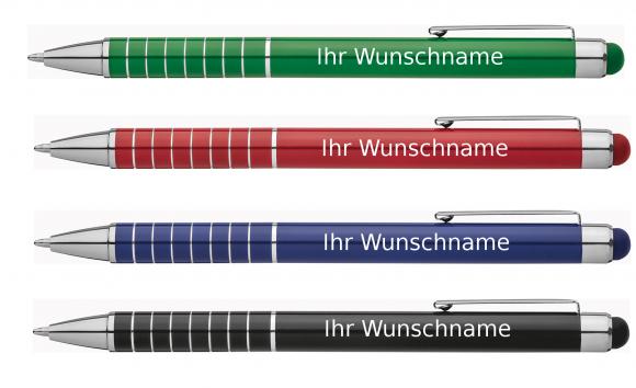 4 Touchpen Kugelschreiber mit Gravur / aus Metall / je 1x grün,blau,schwarz,rot