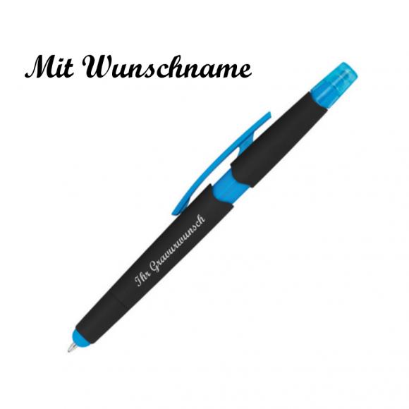 5 Touchpen Kugelschreiber mit Namensgravur - mit Textmarker - Farbe: hellblau