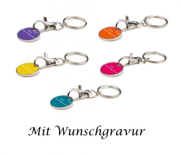 5x Schlüsselanhänger mit Gravur mit Einkaufschip / orange,gelb,pink,türkis,lila