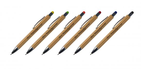 6x Touchpen Holz-Kugelschreiber mit Gravur / 6 verschiedene Stylusfarben