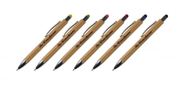 6x Touchpen Holz-Kugelschreiber mit Namensgravur - 6 verschiedene Stylusfarben