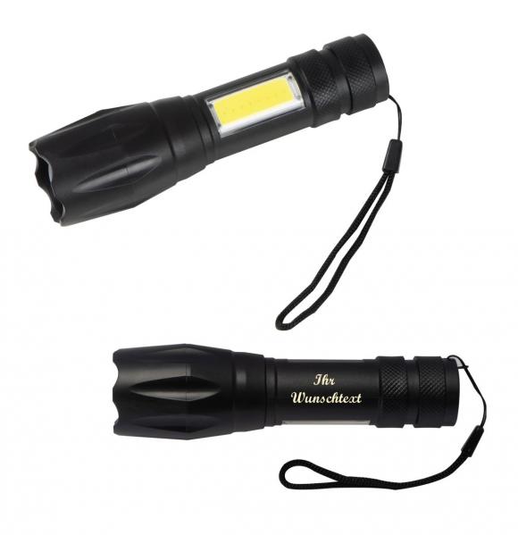 Akku Taschenlampe mit Namensgravur - zusätzlich mit seitlichen Licht - schwarz