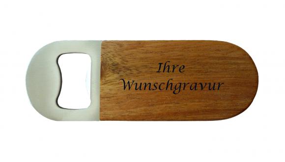 Flaschenöffner mit Gravur / aus Metall mit Holzbelag / Größe: 95 x 35 mm