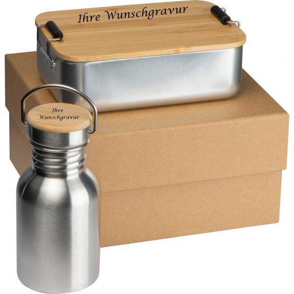 Geschenkset mit Gravur / bestehend aus einer Brotzeitbox und Trinkflasche