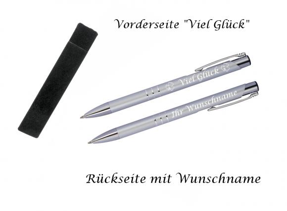 Glücks-Kugelschreiber mit beidseitiger Gravur / mit Velouretui / Farbe: silber