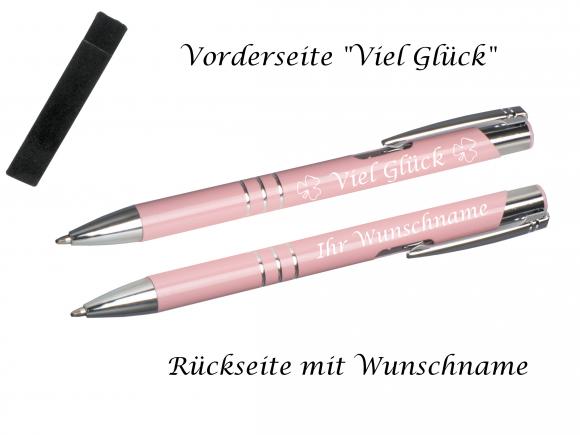 Glücks-Kugelschreiber mit beidseitiger Gravur / mit Velouretui / pastell rosa