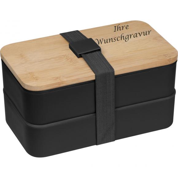 Große Brotdose mit Gravur / Lunchbox / 2-stöckig / mit Besteck / Farbe: schwarz