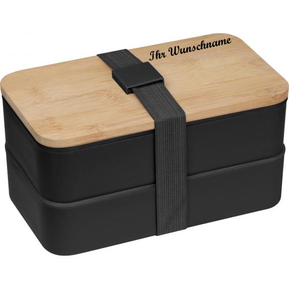 Große Brotdose mit Namensgravur - Lunchbox - 2-stöckig / mit Besteck - schwarz