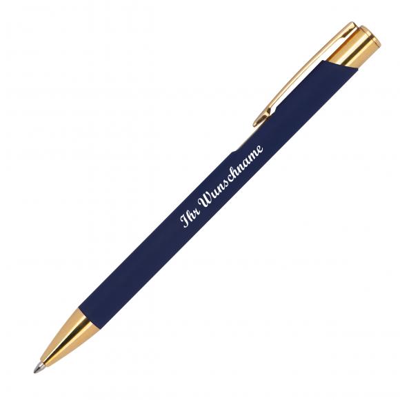 Kugelschreiber aus Metall mit Namensgravur - goldene Applikationen - dunkelblau