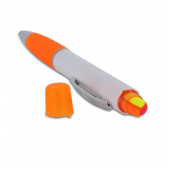 Kugelschreiber mit Gravur / mit dreifarbigen Textmarker / Farbe: weiß-orange