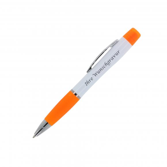 Kugelschreiber mit Gravur / mit dreifarbigen Textmarker / Farbe: weiß-orange