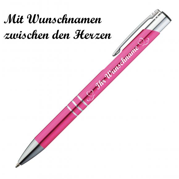 Kugelschreiber mit Namensgravur "Herzen" - aus Metall - Farbe: pink