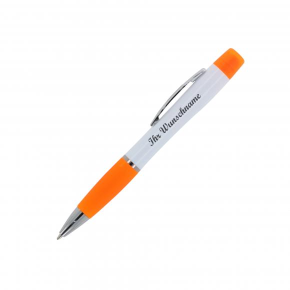 Kugelschreiber mit Namensgravur/ mit dreifarbigen Textmarker / weiß-orange