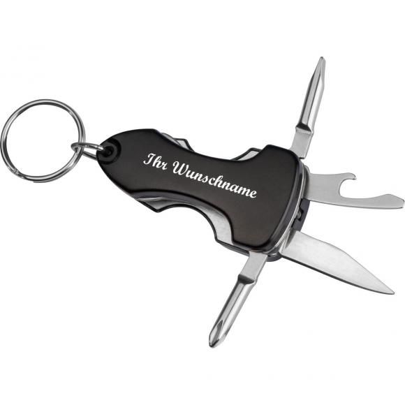 LED Multitool mit Namensgravur - und Schlüsselanhänger - Taschenmesser - schwarz