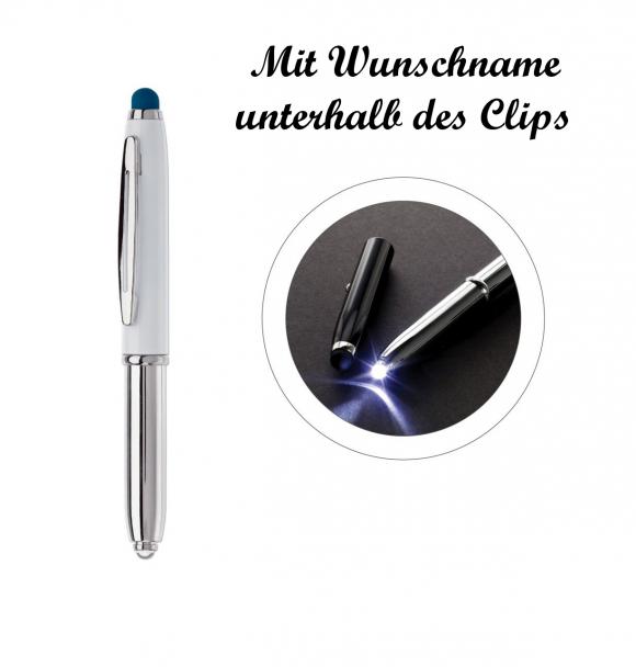 LED Touchpen Kugelschreiber mit Gravur - Farbe: silber/weiß mit blauen Stylus