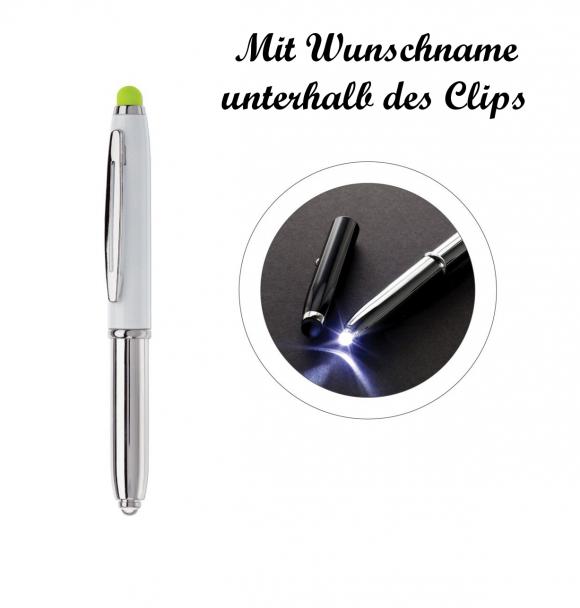 LED Touchpen Kugelschreiber mit Namensgravur - silber/weiß mit grünen Stylus