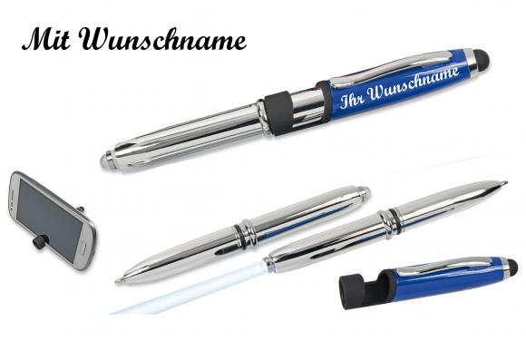 LED Touchpen Kugelschreiber mit Namensgravur - Smartphone Halterung -silber-blau