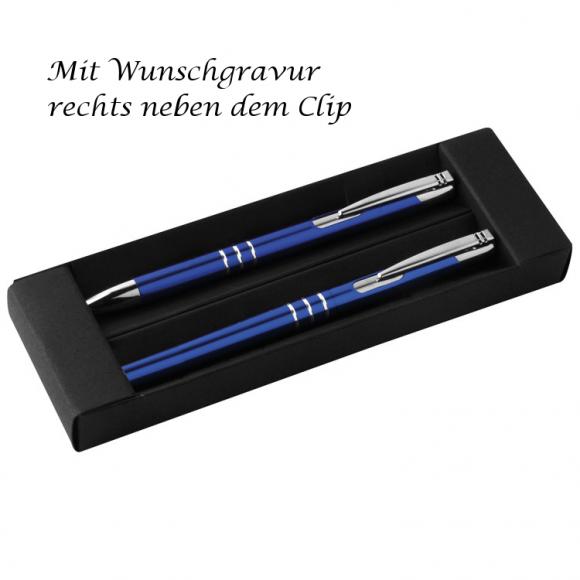 Metall Schreibset mit Gravur / Kugelschreiber + Rollerball / Farbe: blau