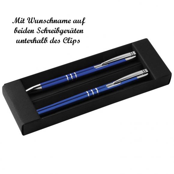 Metall Schreibset mit Namensgravur - Kugelschreiber + Rollerball - Farbe: blau