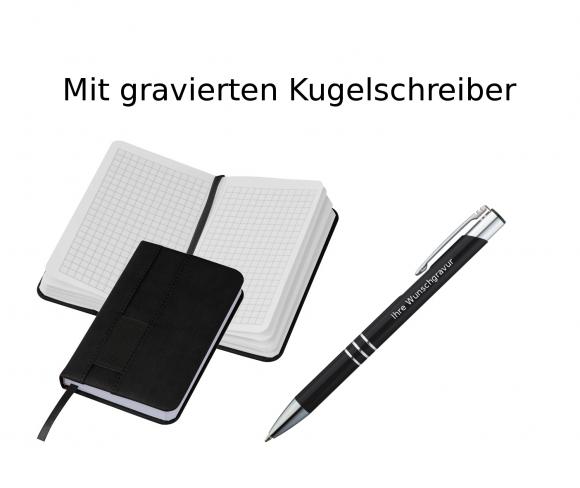 Notizbuch + Kugelschreiber mit Gravur / DIN A6 / 160 S. kariert / Farbe: schwarz