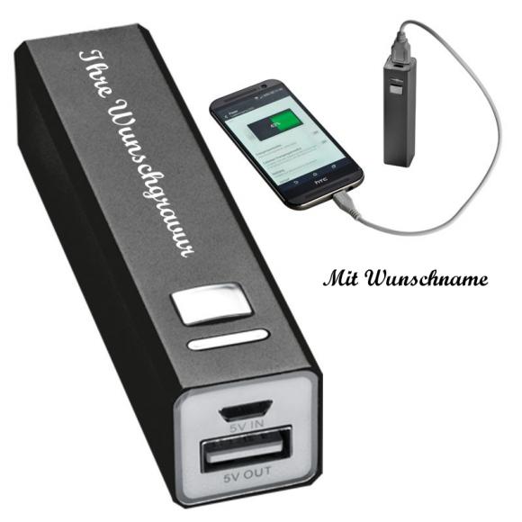 Powerbank mit Namensgravur - aus Aluminium - 2.200 mAh - Farbe: schwarz