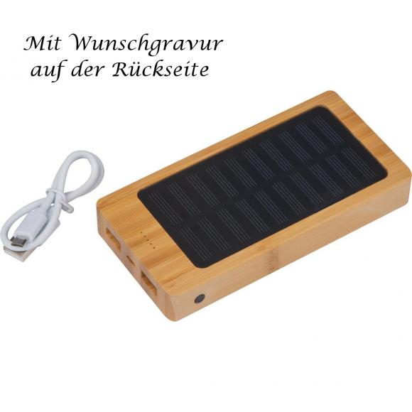 Solar Powerbank im Bambusgehäuse mit Gravur / mit 8.000 mAh Leistung