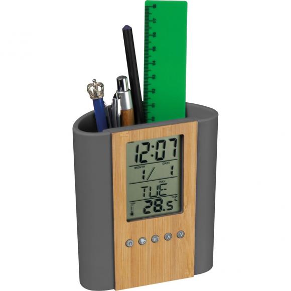 Stifteköcher mit Uhr, Thermometer, Kalender, Wecker, Timer mit Namensgravur