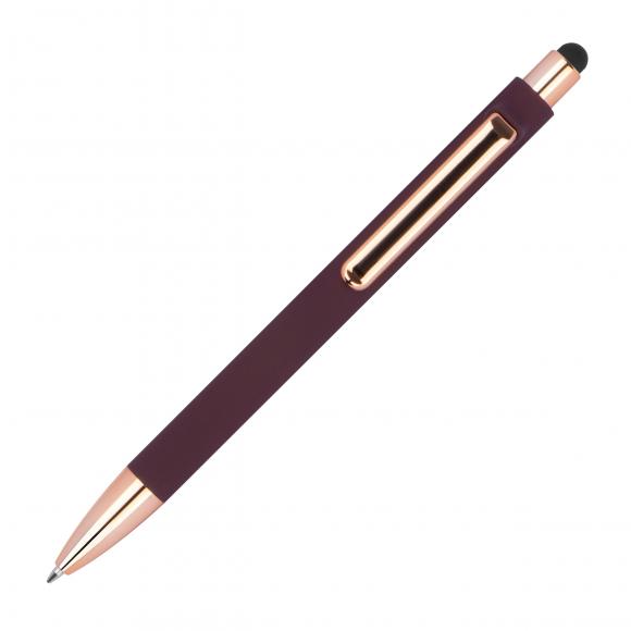 Touchpen-Kugelschreiber aus Metall / gummiert / Farbe: roségold-bordeaux